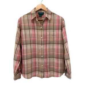 Ralph Lauren Womens L 100% Linen Button Up Shirt Pink Green Tartan Plaid Country